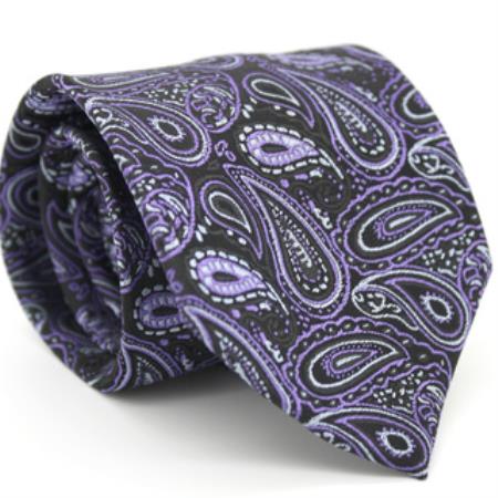 Mensusa Products Slim Black & Purple Classic Paisley Necktie with Matching Handkerchief Tie Set