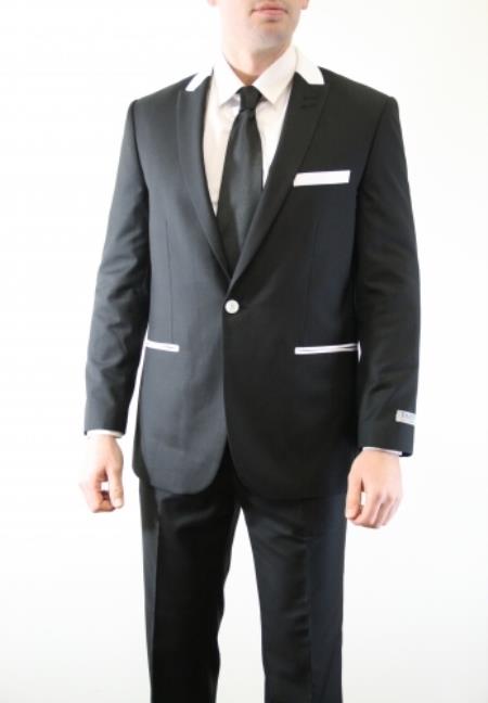 Mensusa Products Slim Fit 1 Button Peak Trimmed Lapel + Flat Front Pants Suit or Tuxedo Black