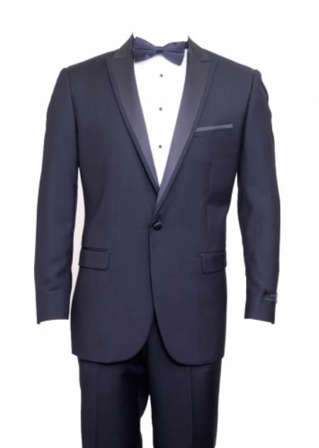Mensusa Products Slim Fit 1 Button Peak Trimmed Lapel + Flat Front Pants Suit or Tuxedo Navy