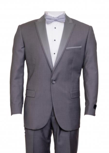 Mensusa Products Slim Fit 1 Button Peak Trimmed Lapel + Flat Front Pants Suit or Tuxedo Mid Gray