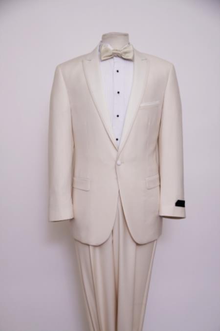 Mensusa Products Slim Fit 1 Button Peak Trimmed Lapel + Flat Front Pants Suit or Tuxedo OffWhite