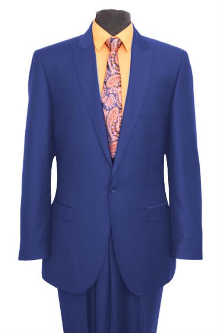 Mensusa Products Slim Fit Peak Lapel Pick Stitched Suit 1 One Button Suit Flat Front Pants Navy Blue