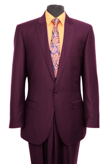 Mensusa Products Slim Fit Peak Lapel Pick Stitched Suit 1 One Button Suit Flat Front Pants Plum