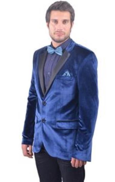 Mensusa Products Mens Blue Fitted Velvet Blazer with Tuxedo Satin Lapel