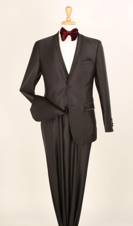 Mensusa Products Men's 2 Piece Executive Suit Pocket/Collar Shiny Flashy Satin Silky Metallic Black