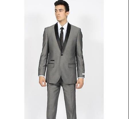 Mensusa Products Mens Grey Black Shawl Collar Slim Fit 2 Pc Tuxedo Suit