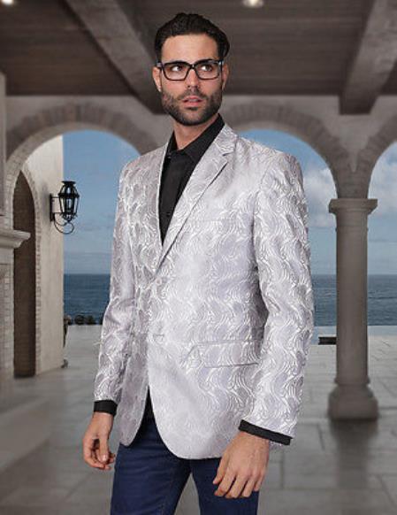Mensusa Products Sequin Shiny Flashy Silky Satin Stage FancyColored Party Dance Mens Gray Woven Pasiley Sport Coat/Blazer