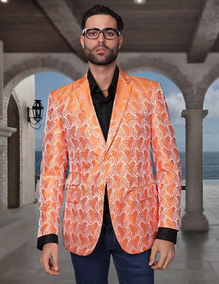 Mensusa Products Sequin Shiny Flashy Silky Satin Stage FancyColored Party Dance Brand New Mens Orange Woven Pasiley Sport Coat / Blazer