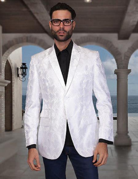 Mensusa Products Sequin Shiny Flashy Silky Satin Stage FancyColored Party Dance Mens White Woven Pasiley Sport Coat / Blazer