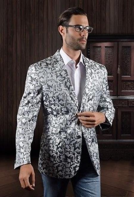 Mensusa Products Sequin Shiny Flashy Silky Satin Stage FancyColored Party Dance Mens Black Woven Pasiley Sport Coat / Blazer