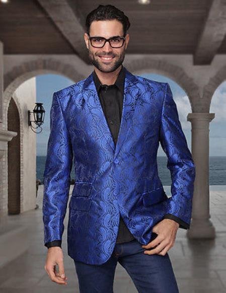 Mensusa Products Sequin Shiny Flashy Silky Satin Stage FancyColored Party Dance Mens Royal Tone On Tone Woven Pasiley Sport Coat / Blazer