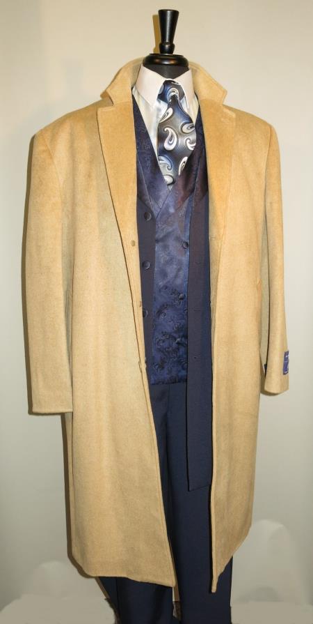 Mensusa Products Mens 3 Button Long Wool Blend Camel Color Full Length Overcoat