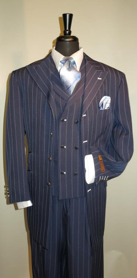 Mensusa Products Vested Mens Suit Navy with White Pin Stripe three piece low priced fashion outfits
