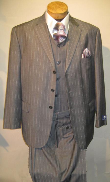 Mensusa Products Grey Vested Mens Suit Grey with White Pin Stripe three piece low priced fashion outfits