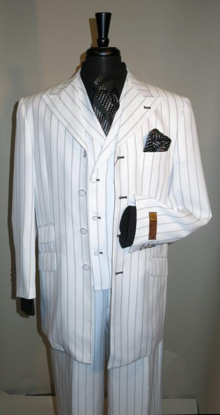 Mensusa Products Vested Mens Suit White with Black Pin Stripe three piece low priced fashion outfits