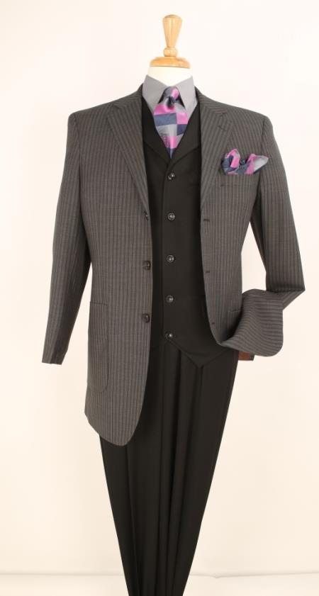 Mensusa Products Men's 3 Piece Wool Fashion Suit Two Tone Stripe Black Stripe