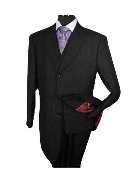 Mensusa Products Men's 3 Piece 1 Wool Fashion pin stripe patterned Suit Wide Peak Lapel Black