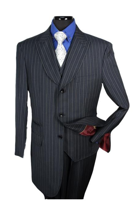 Mensusa Products Men's 3pc 1 Wool Fashion pin stripe patterned Suit Wide Peak Lapel Navy Multi Stripe