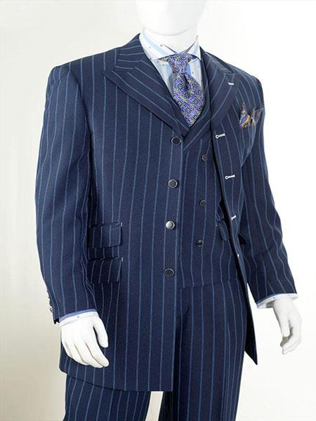 Mensusa Products HighFashion Mens SingleBreast 3Piece Suit Navy/Blue Stripe