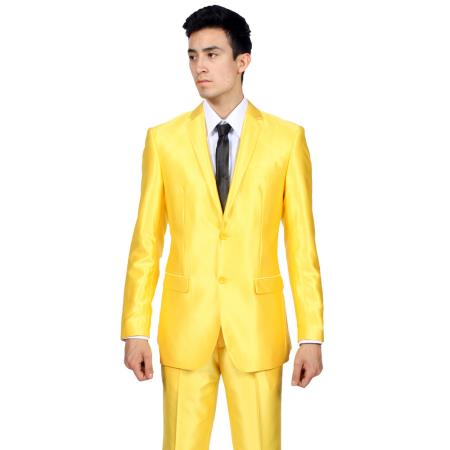 Mensusa Products Ferrecci Mens Slim Fit Shiny Yellow Sharkskin Suit
