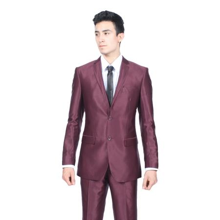Mensusa Products Ferrecci Mens Slim Fit Shiny Burgundy ~ Maroon ~ Wine Color Sharkskin Suit