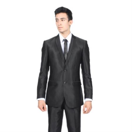 Mensusa Products Ferrecci Mens Slim Fit Shiny Black Sharkskin Suit