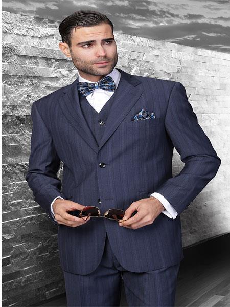 Mensusa Products Classic 3 Piece 2 Button Navy Tone On Tone Stripe Suit Super 150's Extra Fine Italian Fabric