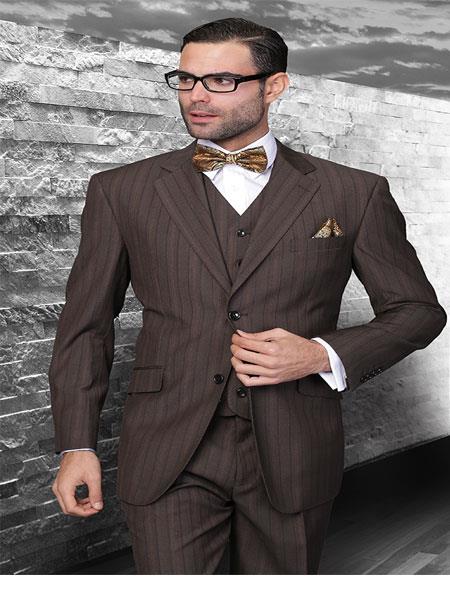 Mensusa Products Classic 3pc 2 Button Brown Stripe Suit Super 150's Extra Fine Italian Fabric