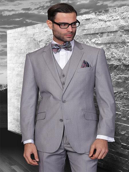 Mensusa Products Classic 3pc 2 Button Gray Stripe Suit Super 150's Extra Fine Italian Fabric