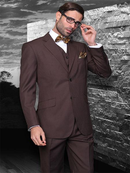 Mensusa Products Classic 3 Piece 2 Button Brown Stripe Suit Super 150's Extra Fine Italian Fabric
