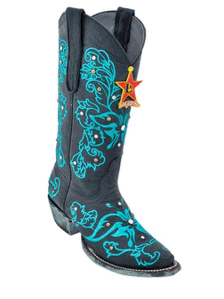 Mensusa Products Womens Swarovski Crystal Snip-Toe Black/ turquoise ~ Light Blue Colored Cowgirl ~ Women Boots