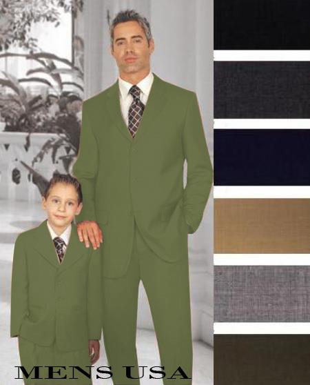 Mensusa Products 1 Men + 1 Boy Matching Set For Both Father And Son 3 Button Wool Suit Olive Green