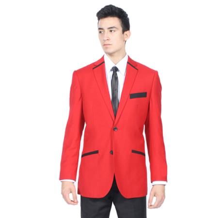 Mensusa Products Black Lapel Trimmed Tuxedo Or  Suit With Matching  Black Flat Front Pants Men's Slim Fit Black and Red 2-Button Blazer