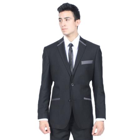 Mensusa Products Black Lapel Trimmed Tuxedo Or  Suit With Matching  Black Flat Front Pants Men's Slim Fit Black And Grey 2-Button Blazer