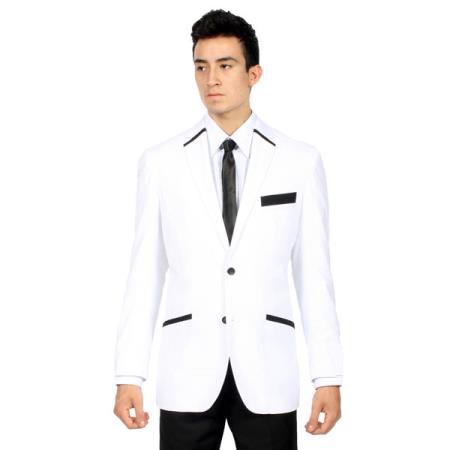 Mensusa Products Black Lapel Trimmed Tuxedo Or  Suit With Matching  Black Flat Front Pants Men's Slim Fit White And Black 2-Button Blazer