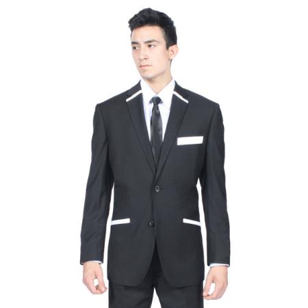 Mensusa Products Black Lapel Trimmed Tuxedo Or  Suit With Matching  Black Flat Front Pants Men's Slim Fit Black And White 2-Button Blazer