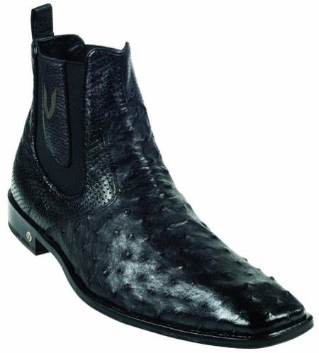 Mensusa Products Ostrich Full Quill Skin Short Boot, Black, Square Toe, Leather Sole
