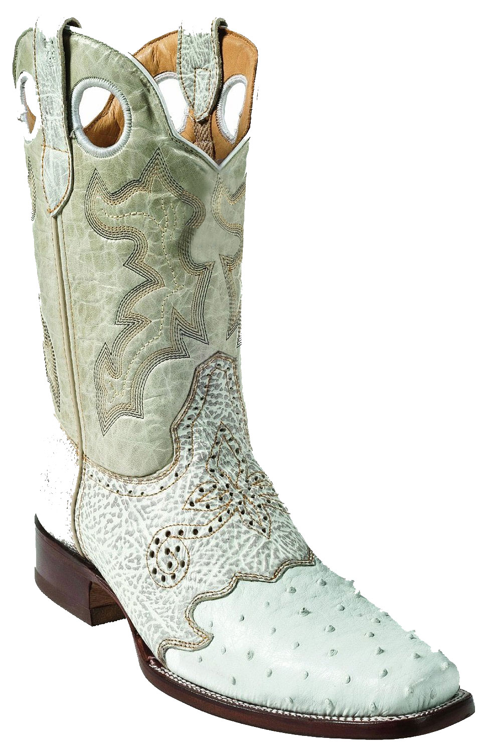 Mensusa Products Ostrich Leg Skin Western Style Boot, White, Rodeo Toe, Leather Sole
