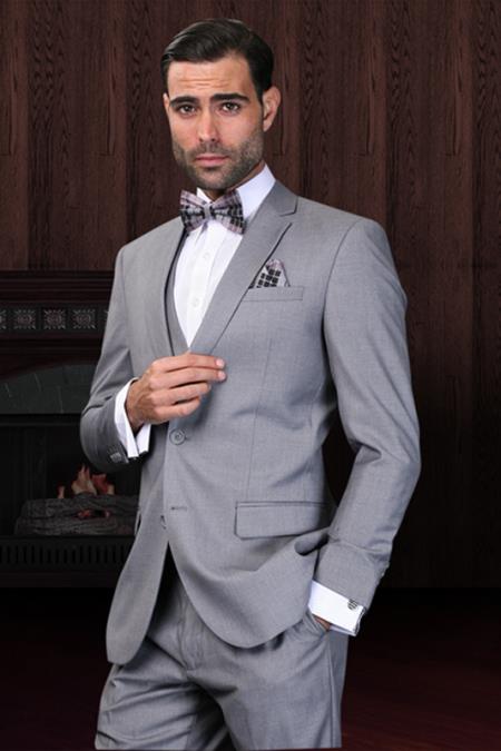 Mensusa Products Fitted Skinny Narrow Lapel LOW VEST Center Vented European Suits For Men Super 150's Wool Gray
