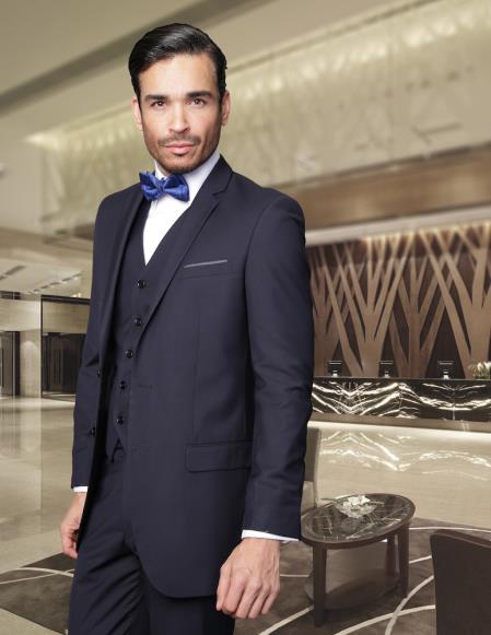 Mensusa Products Fitted Skinny Narrow Lapel LOW VEST Center Vented European Suits For Men Super 150's Wool Navy