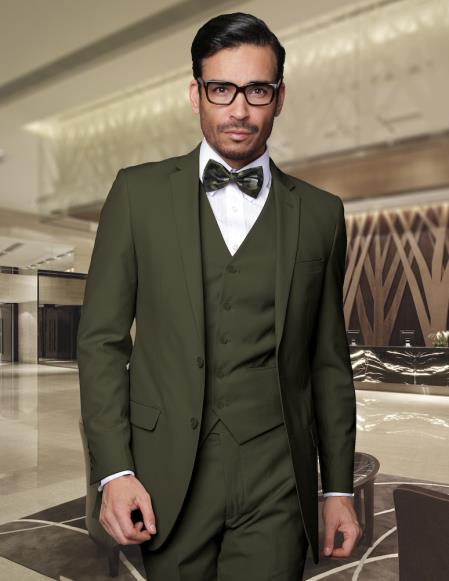 Mensusa Products Fitted Skinny Narrow Lapel LOW VEST Center Vented European Suits For Men Super 150's Wool Olive