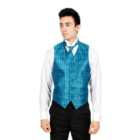 Mensusa Products Men's Blue/ Black Ripple Vest, Bowtie Necktie and Handkerchief Set
