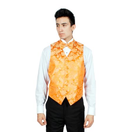 Mensusa Products Men's Orange Paisley Vest Bowtie Necktie And Handkerchief Set