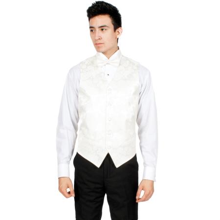 Mensusa Products Men's Off-White Paisley Vest Bowtie Necktie & Handkerchief Set