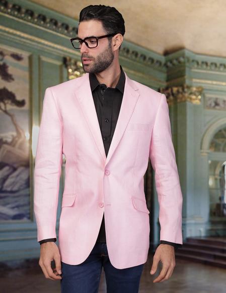 Mensusa Products Mens 2 Button Cool Linen Fabric Jacket Summer Blazer Sport coat Pink