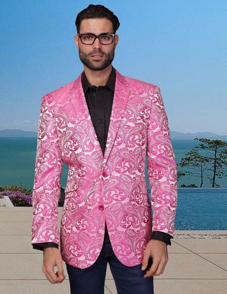 Mensusa Products Mens Tuxedo Dinner Jacket Blazer Pasiley Sport Coat Sequin Shiny Flashy Silky Satin Stage Fancy Colored Party Dance Jacket Fuchsia