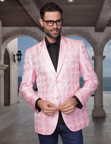 Mensusa Products Mens Tuxedo Dinner Jacket Blazer Pasiley Sport Coat Sequin Shiny Flashy Silky Satin Stage Fancy Colored Party Dance Jacket Pink