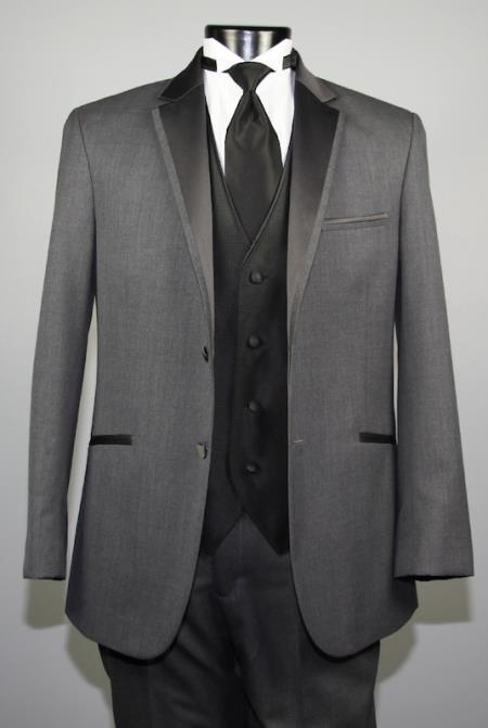 Mensusa Products Mens Dress Charcoal Gray ~ Grey 2 Button Wool Tuxedo With Black Notch Lapel Collar