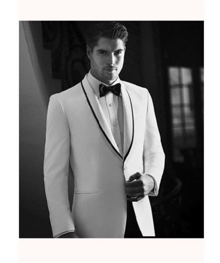 Mensusa Products Mens White Tuxedo Dinner Jacket Suit Shawl Collar with Black trim lapel 1 button + Pants
