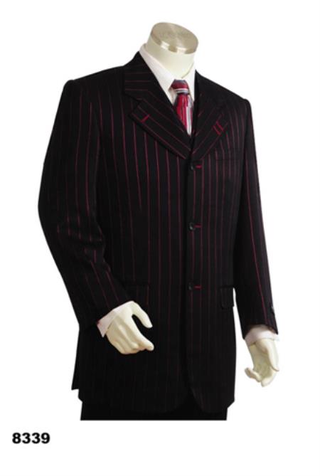 Mensusa Products Bold Chalk Pronounce Gangster Pinstripe 3 Button Vested Wide Leg Pants 34 Inch Jacket Notch Collar Red/Black